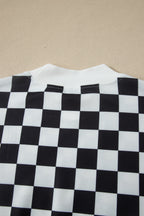 Checkered Print Colour Block Trim Mock Neck Short Set