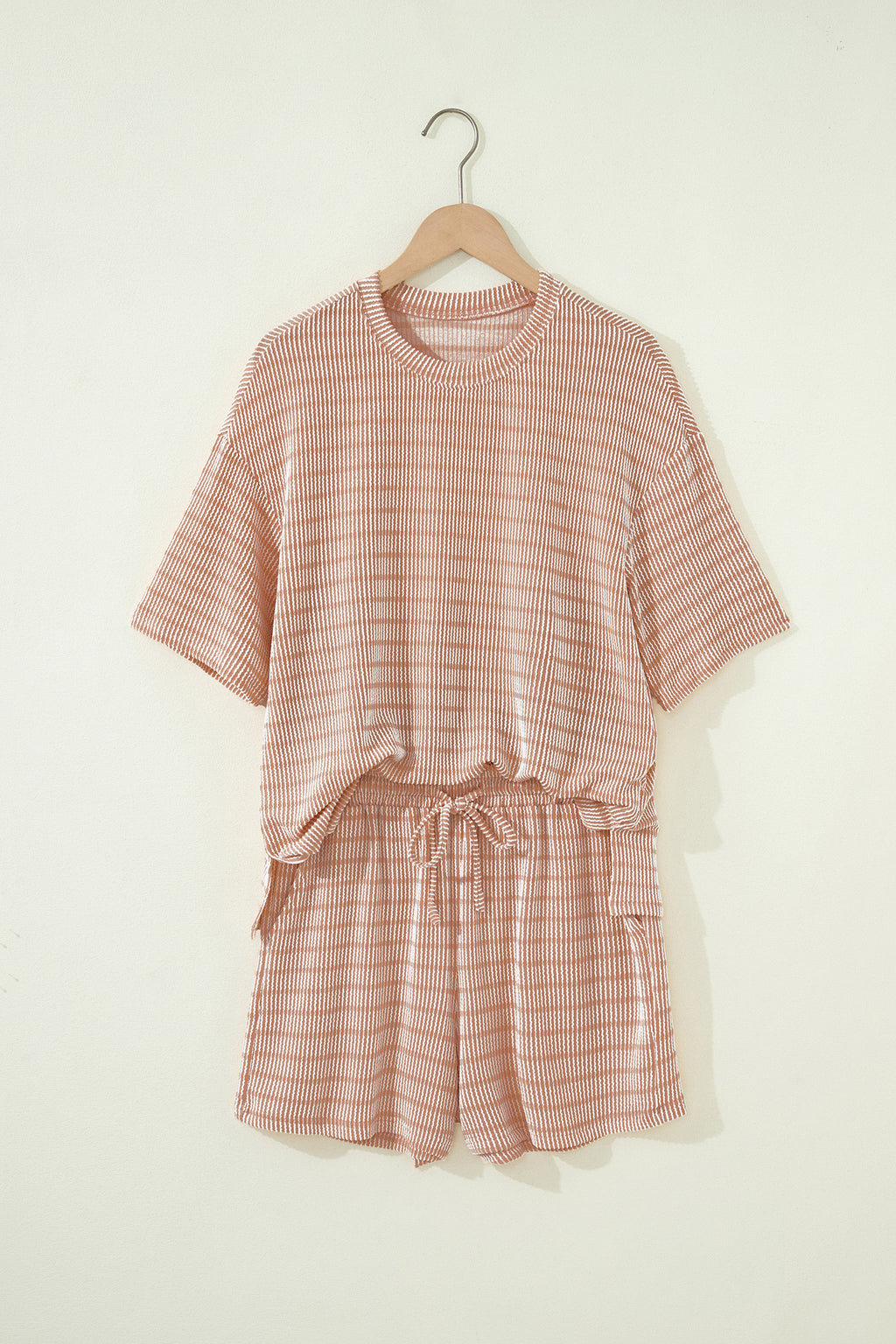 Striped Raised Rib Loose Tee Drawstring Elastic Waist 2pcs Short Set