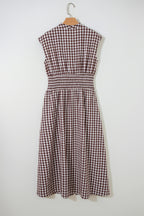 Coffee Plaid Print Full Zipper Cinched Waist Fit Flare Sleeveless Maxi Dress