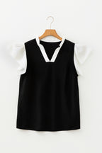Plus Size Contrast Frilled Neckline Ruffled Short Sleeve Ribbed Textured Blouse
