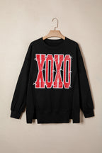 Bow Sequin XOXO Letter Graphic Exposed Seam Baggy Sweatshirt