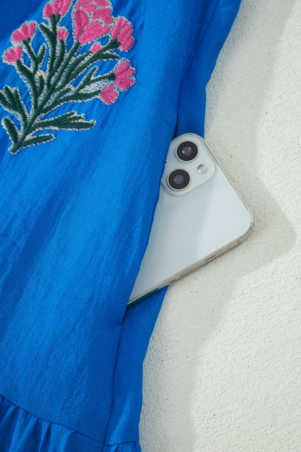 Blue Flower Embroidered Split Neck Short Puff Sleeve Ruffle Hem Dress