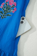 Blue Flower Embroidered Split Neck Short Puff Sleeve Ruffle Hem Dress