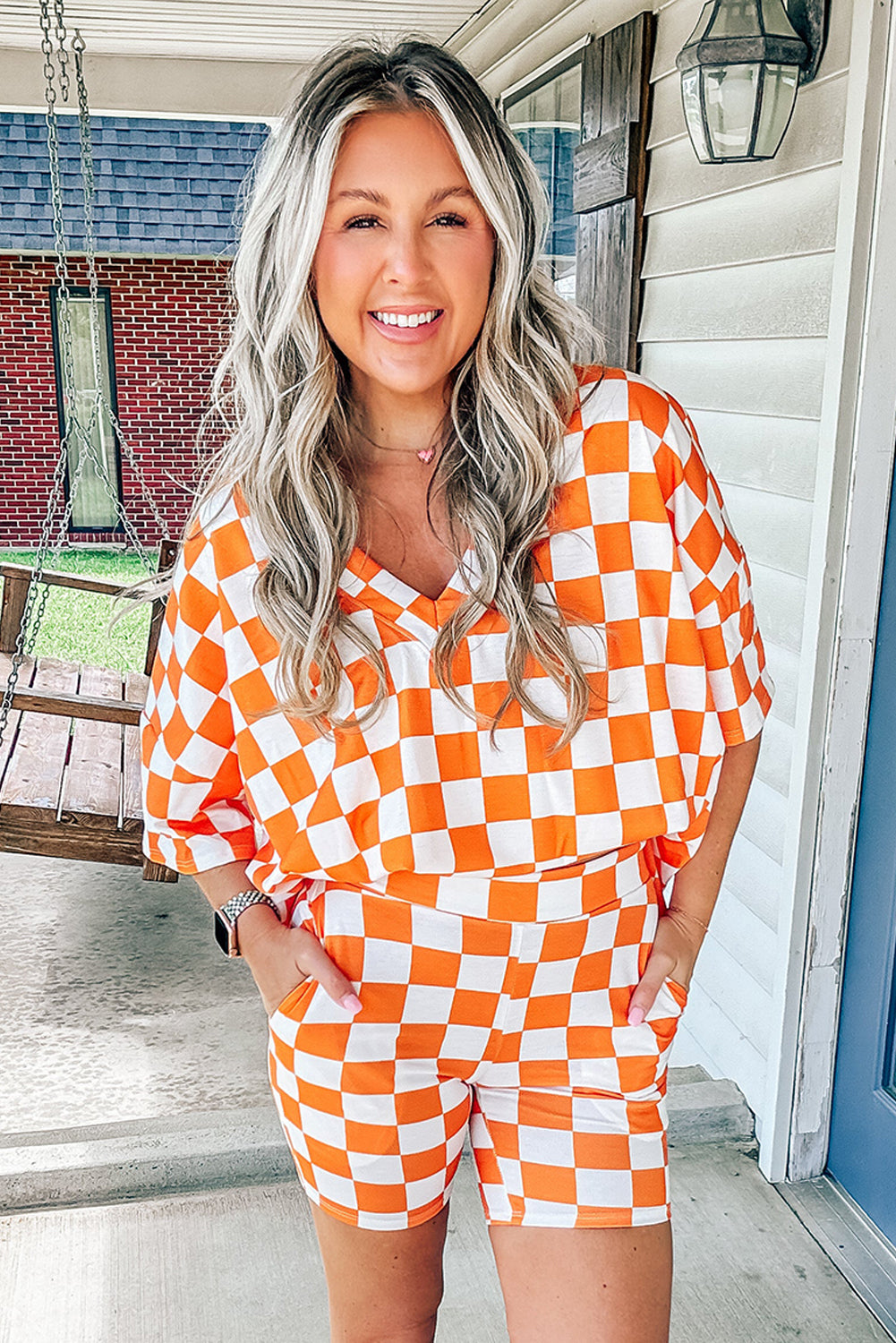 Checkerboard Print V Neck Loose Tee and Shorts Lounge Set