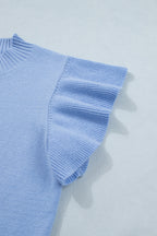 Solid Color Ribbed Trim Round Neck Ruffle Short Sleeve Sweater