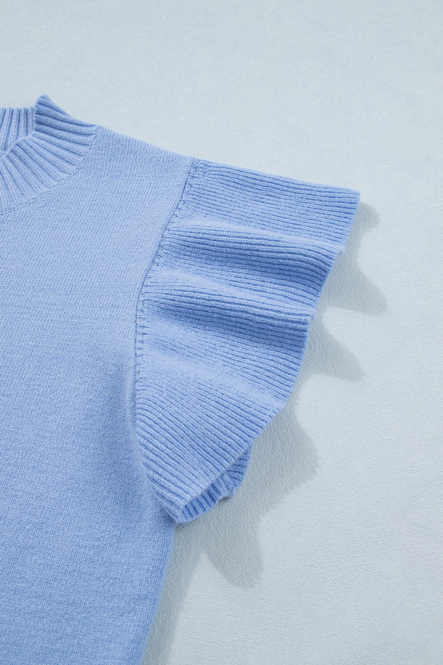 Solid Color Ribbed Trim Round Neck Ruffle Short Sleeve Sweater