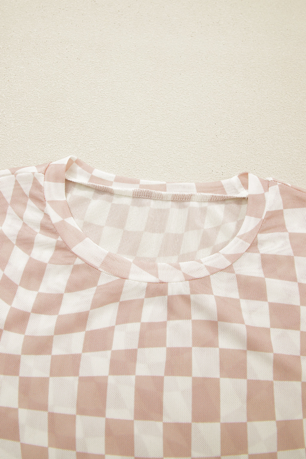 Khaki Checkered Print Mock Neck Mesh T Shirt