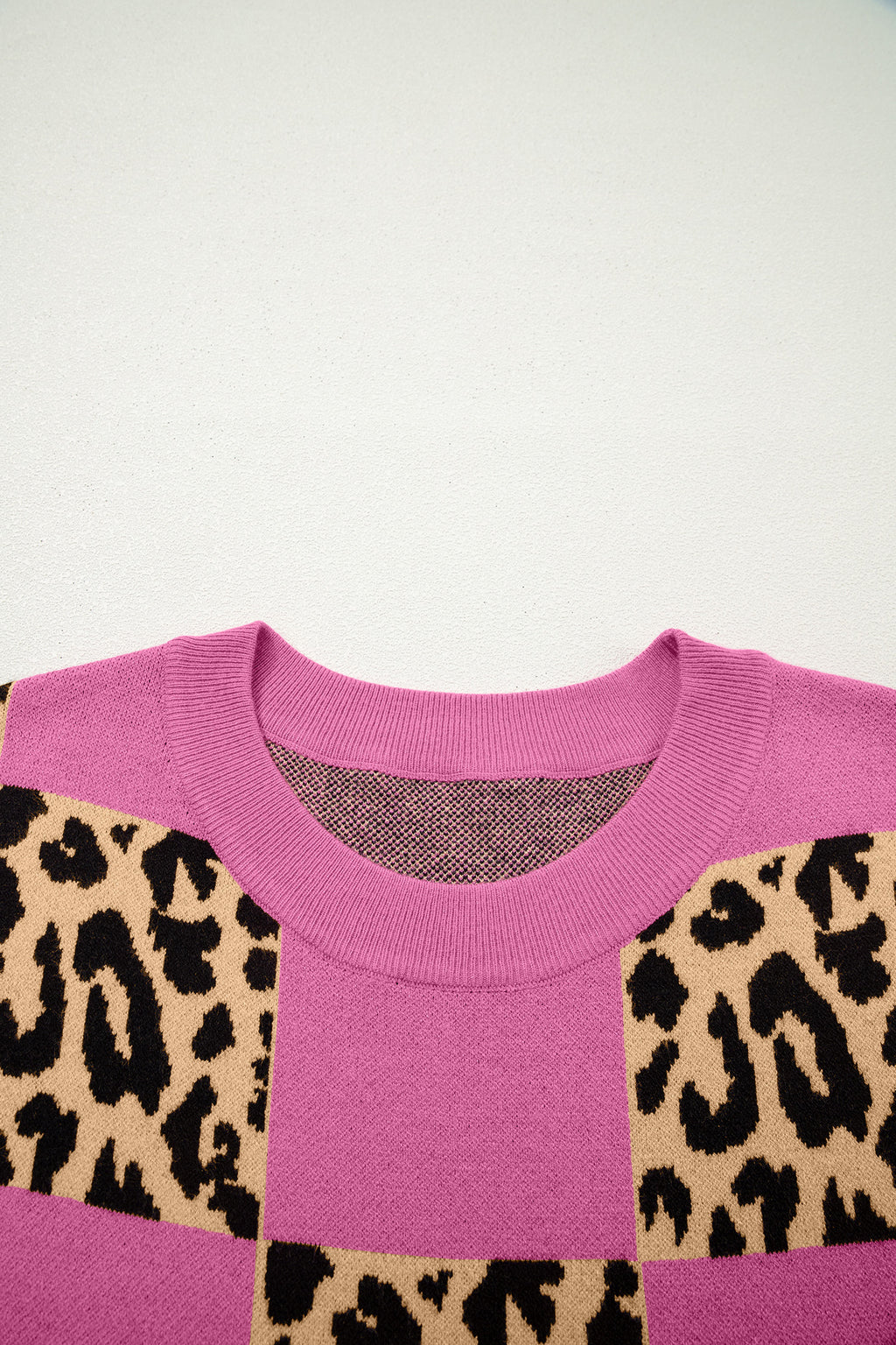 Leopard Checkerboard Short Sleeve Knit Sweater