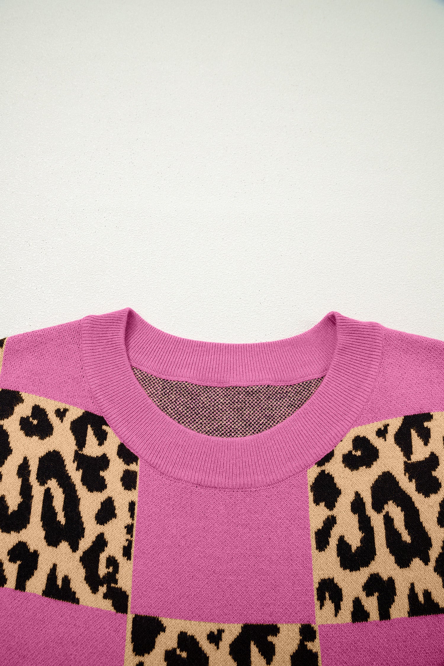 Leopard Checkerboard Short Sleeve Knit Sweater