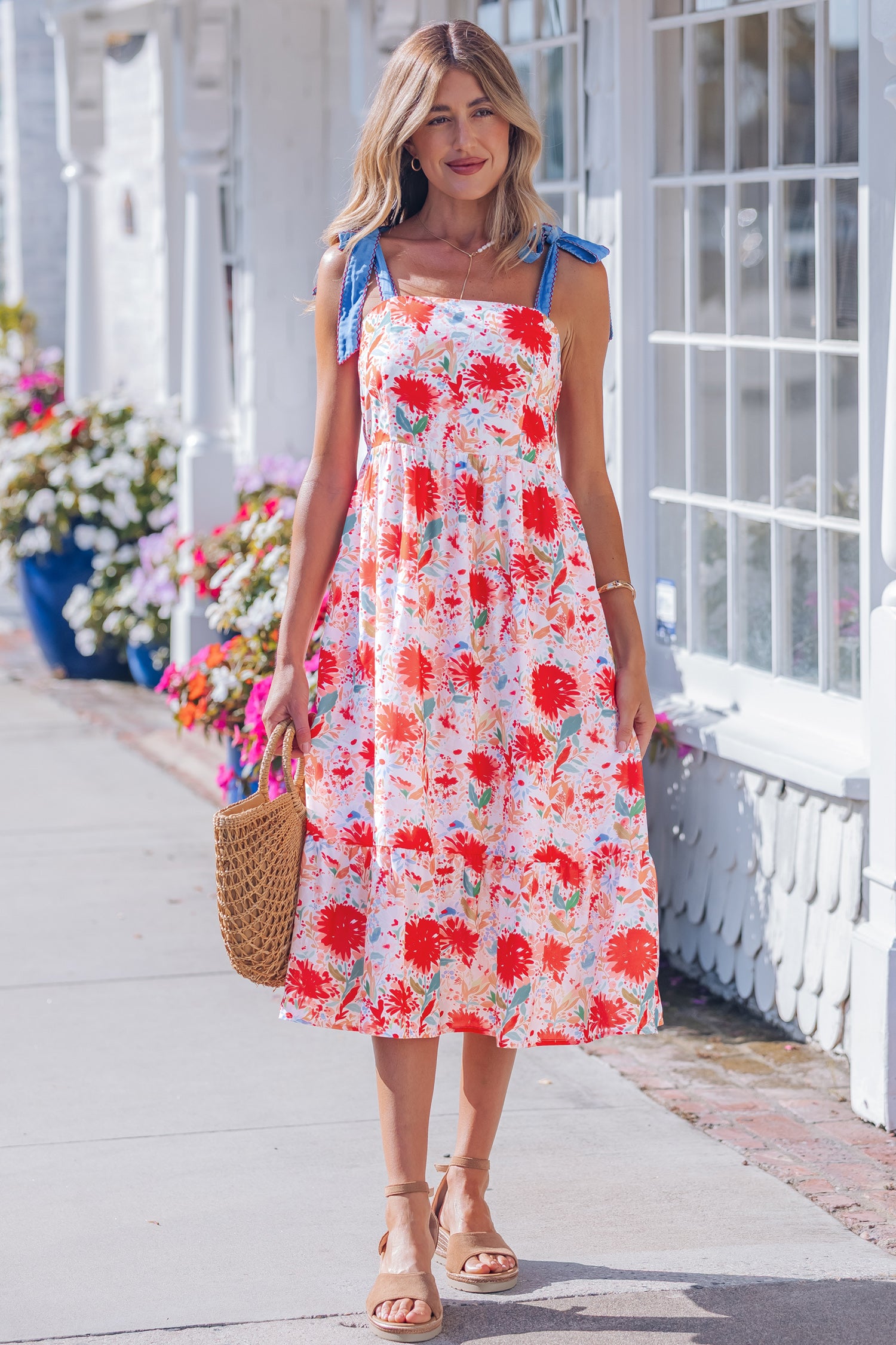 Floral Print Contrast Stitched Knot Denim Straps High Waist Dress
