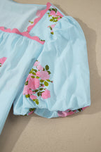 Sky Blue Floral Printed Contrast Ricrac Detail Bubble Sleeve Blouse