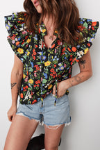 Black Tiered Flutter Sleeve V Neck Flower Blouse