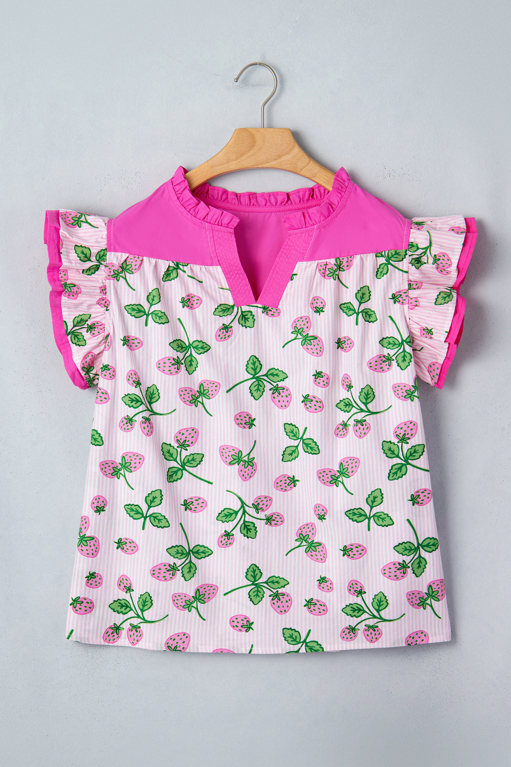 Pink Striped Strawberry Printed Color Block Patchwork V Neck Flutter Sleeve Blouse