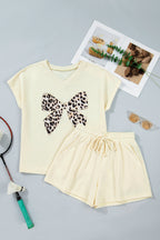 Contrast Leopard Bow Patched V Neck Loose Tee Drawstring Shorts 2pcs Outfit