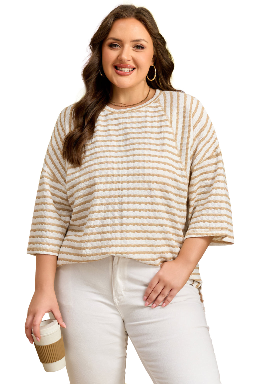 Striped Plus Size Textured Patchwork Detail Half Sleeve Top