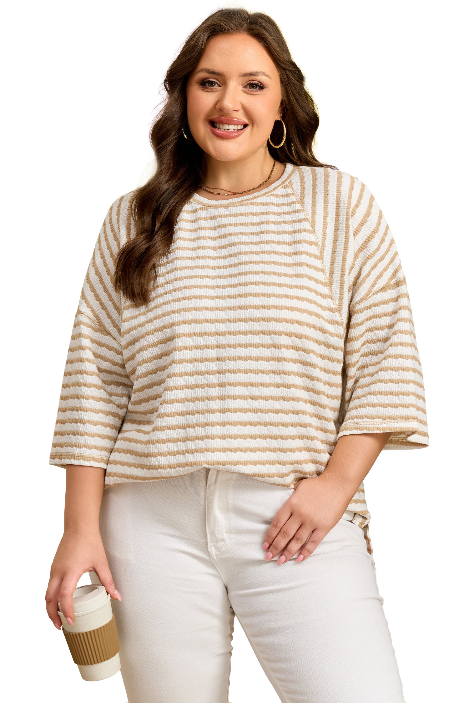 Striped Plus Size Textured Patchwork Detail Half Sleeve Top