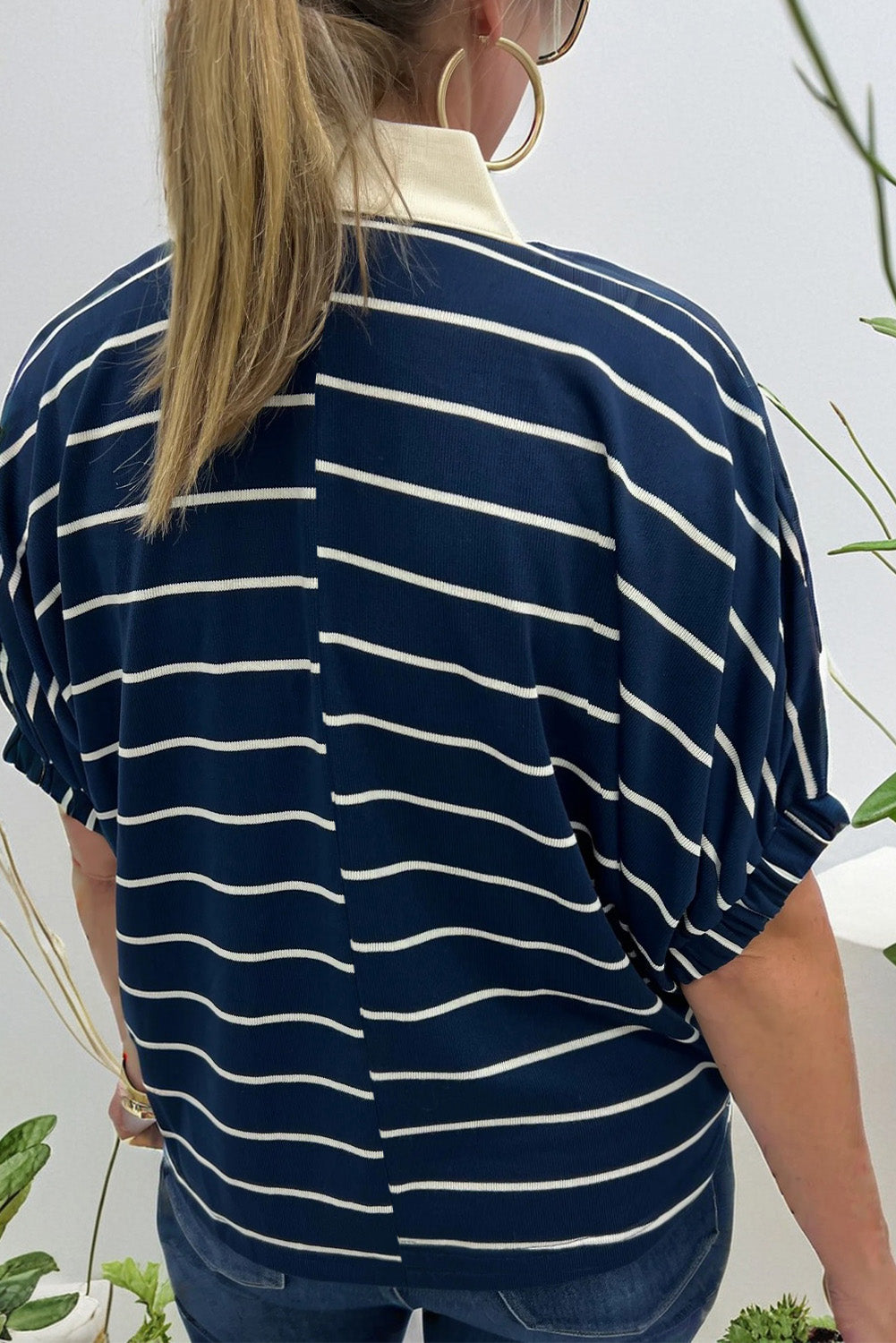 Stripe Stand Collar V Neck Elastic Cuffs Half Sleeve Dolman Top