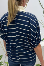 Stripe Stand Collar V Neck Elastic Cuffs Half Sleeve Dolman Top