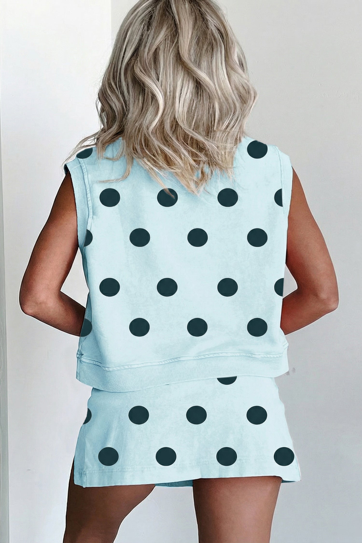 Ribbed Trim Polka Dot Print Tank Split Mini Skort 2pcs Set