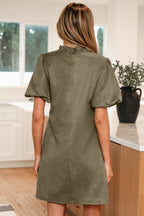 Frilled Round Neck Short Puff Sleeve Shift Mini Dress