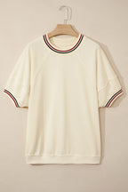 Beige Contrast Varsity Striped Neckline Cuffed Short Sleeve Loose Tunic Top