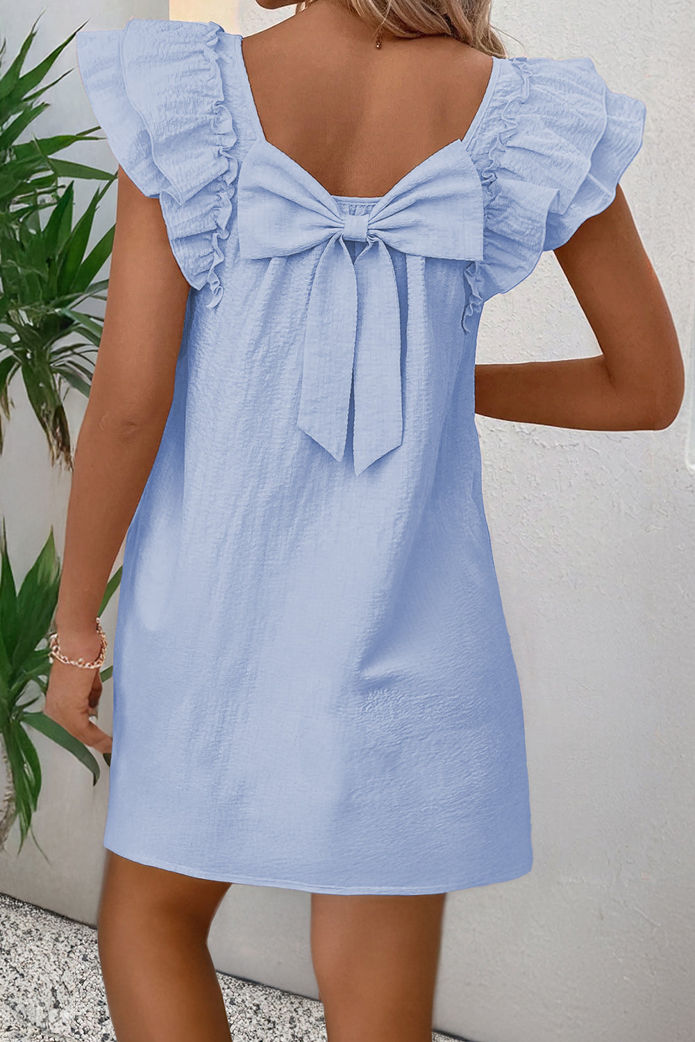 Textured Flutter Sleeve Square Neck Bow Back Mini Dress