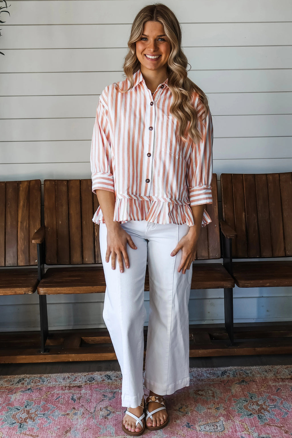 Khaki Stripe Striped Shirt Collar Bracelet Sleeve Hem Paneling Casual Shift Top