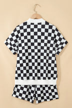 Checkered Print Colour Block Trim Mock Neck Short Set