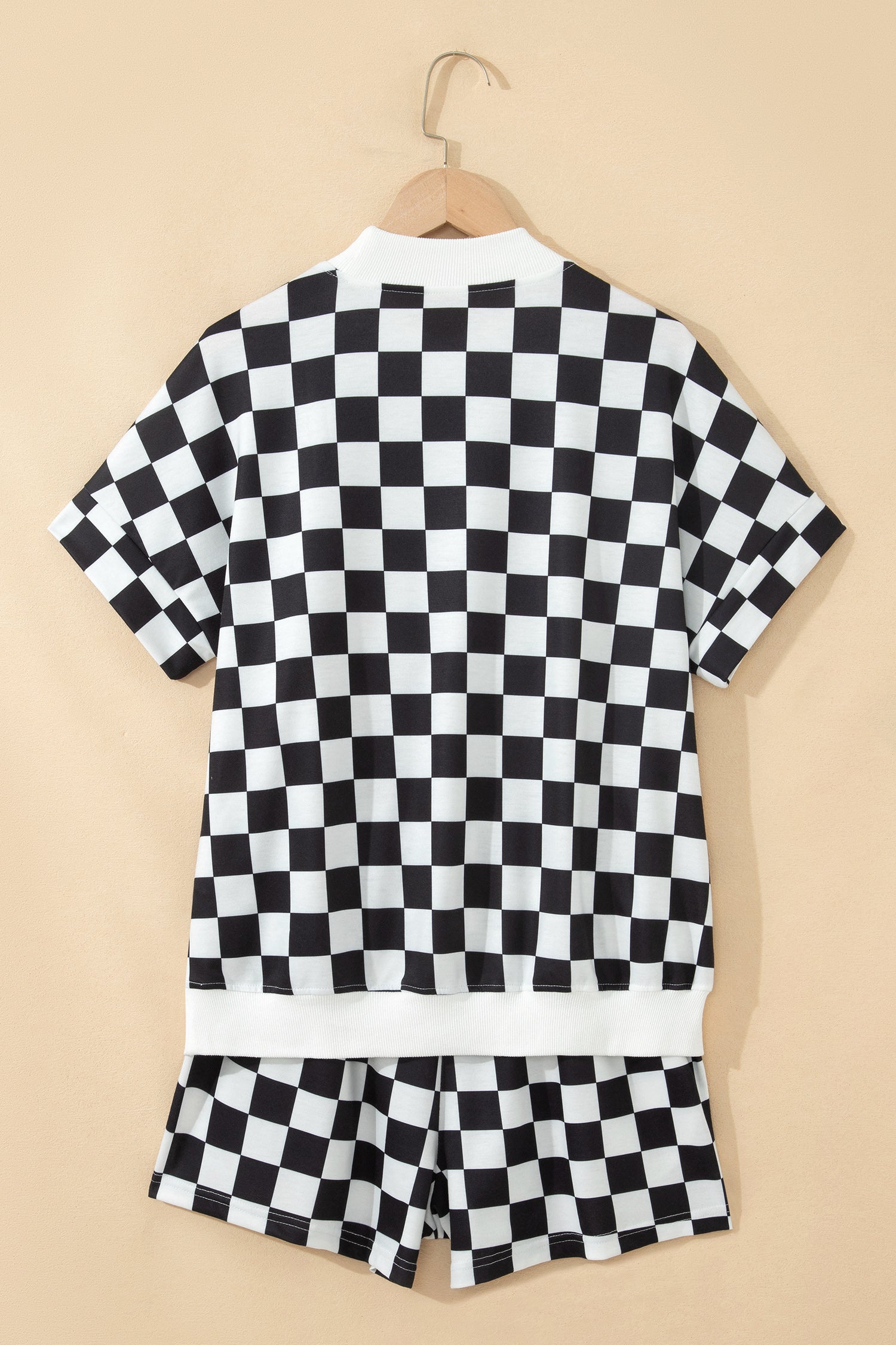 Checkered Print Colour Block Trim Mock Neck Short Set