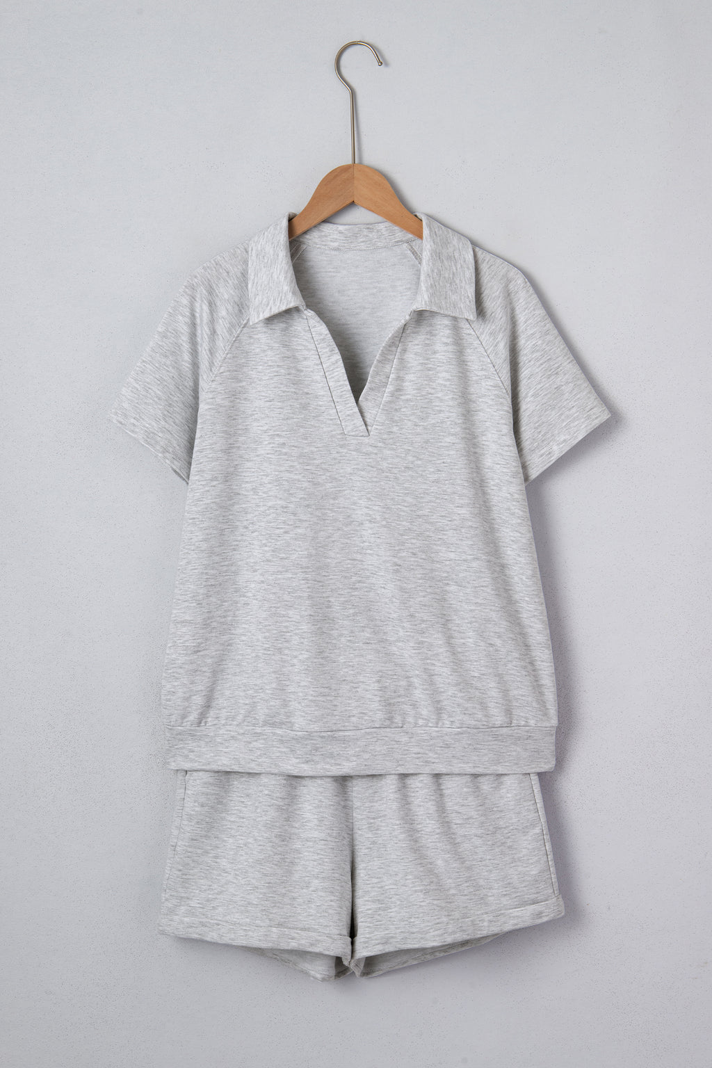 Light Grey Collared V Neck Tee Drawstring Elastic Waist Shorts 2pcs Outfit