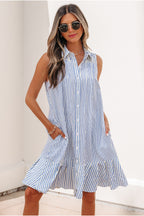 Sky Blue Stripe Shirt Collar Shirred Detail Ruffle Hem Sleeveless Dress
