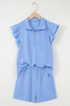 Half Zipped Ruffled Short Set
