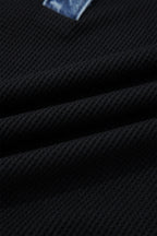 Black Waffle Knit Denim Contrast Trim Patchwork Button Polo Collar Top