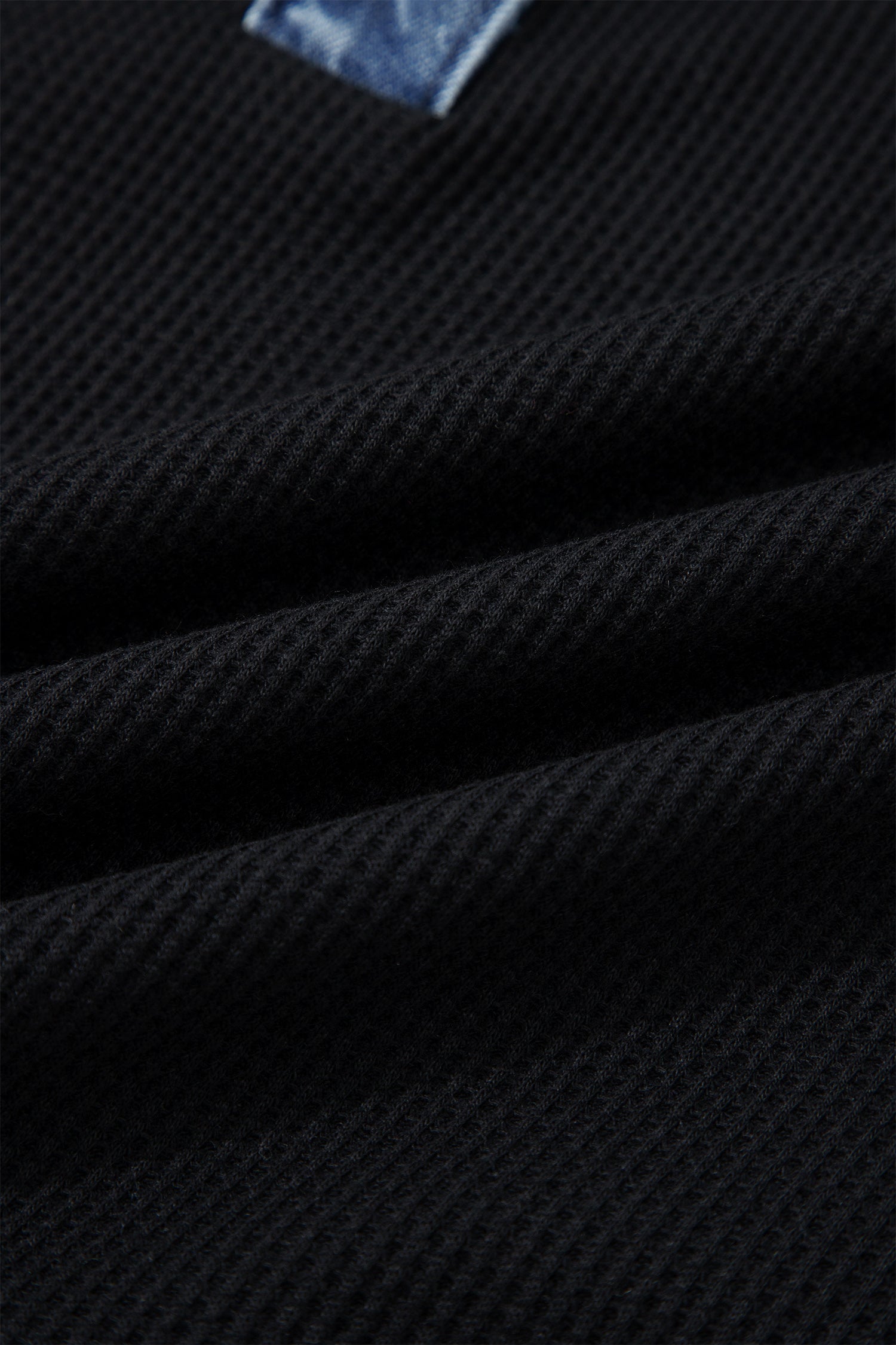 Black Waffle Knit Denim Contrast Trim Patchwork Button Polo Collar Top