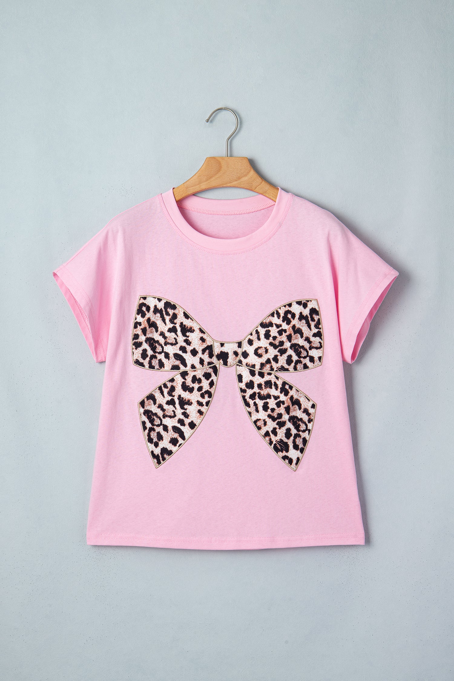 Leopard Bow Embroidered Cotton Round Neck T Shirt