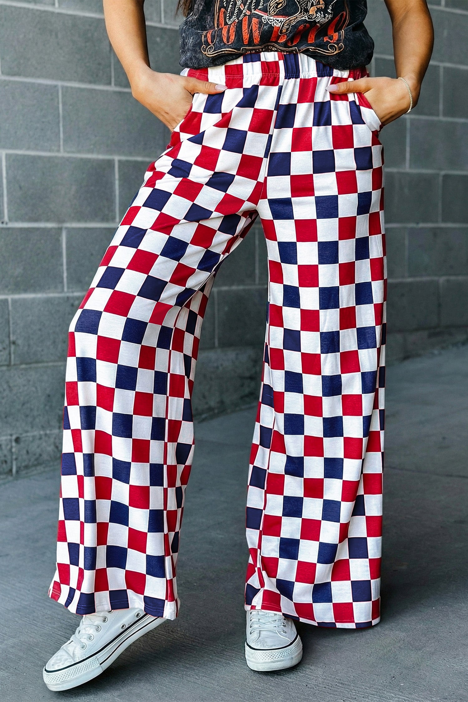 2-Tone Checked Print High Waist Wide Leg Pants