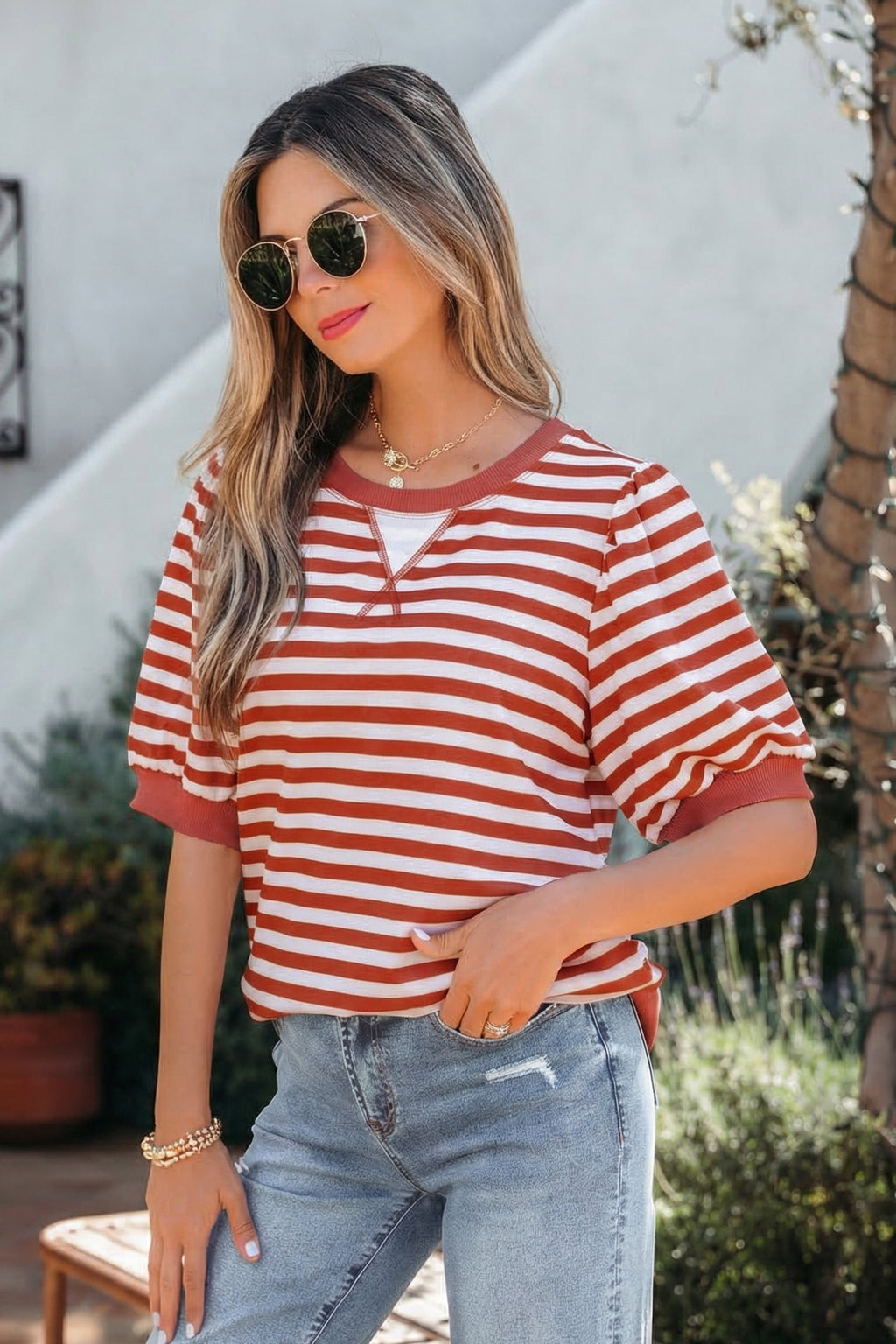 Striped Short Bubble Sleeve T Shirt