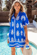 Blue Ethnic Geometric Print Collared Button Front Short Puff Sleeve Mini Dress