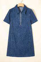 Blue Zip up Collared Short Sleeve Shift Mini Denim Dress
