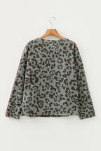 Leopard Print Varsity Striped Trim Long Sleeve Top