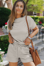 Grey Solid Color Textured Loose Top Casual Two Piece Short Set