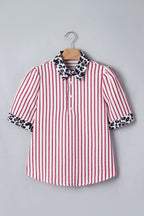 Red Stripe Leopard Contrast Trim Half Button Blouse