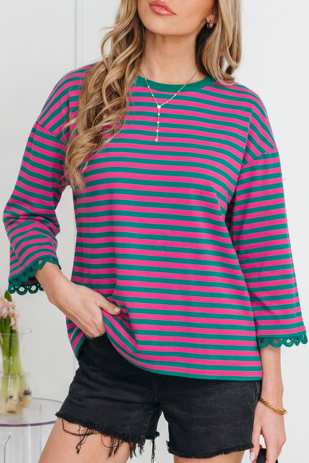 Striped Print Drop Shoulder Lace Trim Bracelet Sleeve Loose Top