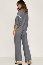 Contrast Trim Half Sleeve Top Drawstring Pants Loose 2pcs Sweater Suit