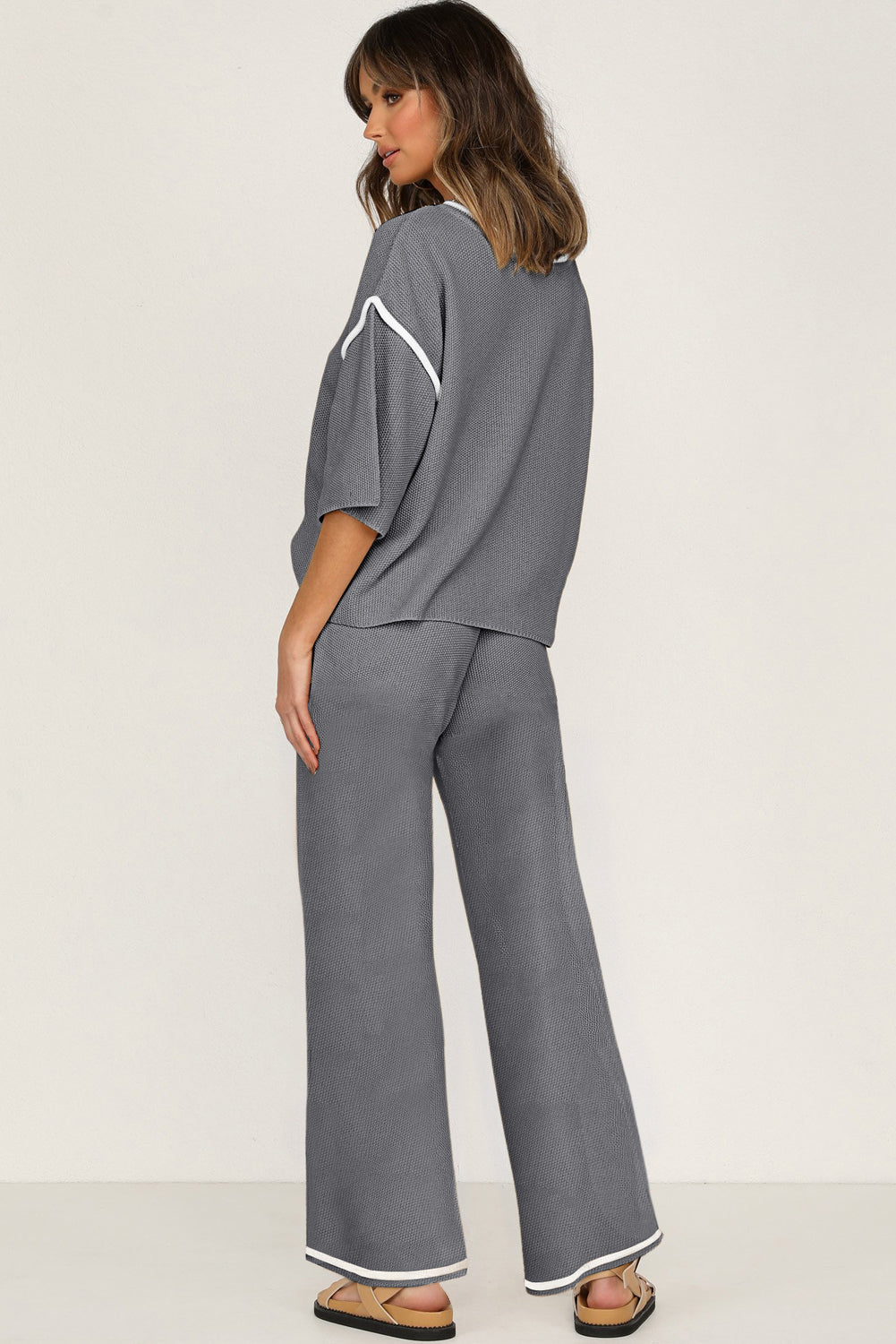 Contrast Trim Half Sleeve Top Drawstring Pants Loose 2pcs Sweater Suit
