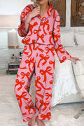Pink 2pcs Bow Print Shirt Style Long Sleeve Pyjama Set