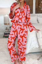 Pink 2pcs Bow Print Shirt Style Long Sleeve Pyjama Set