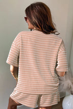 Striped Raised Rib Loose Tee Drawstring Elastic Waist 2pcs Short Set