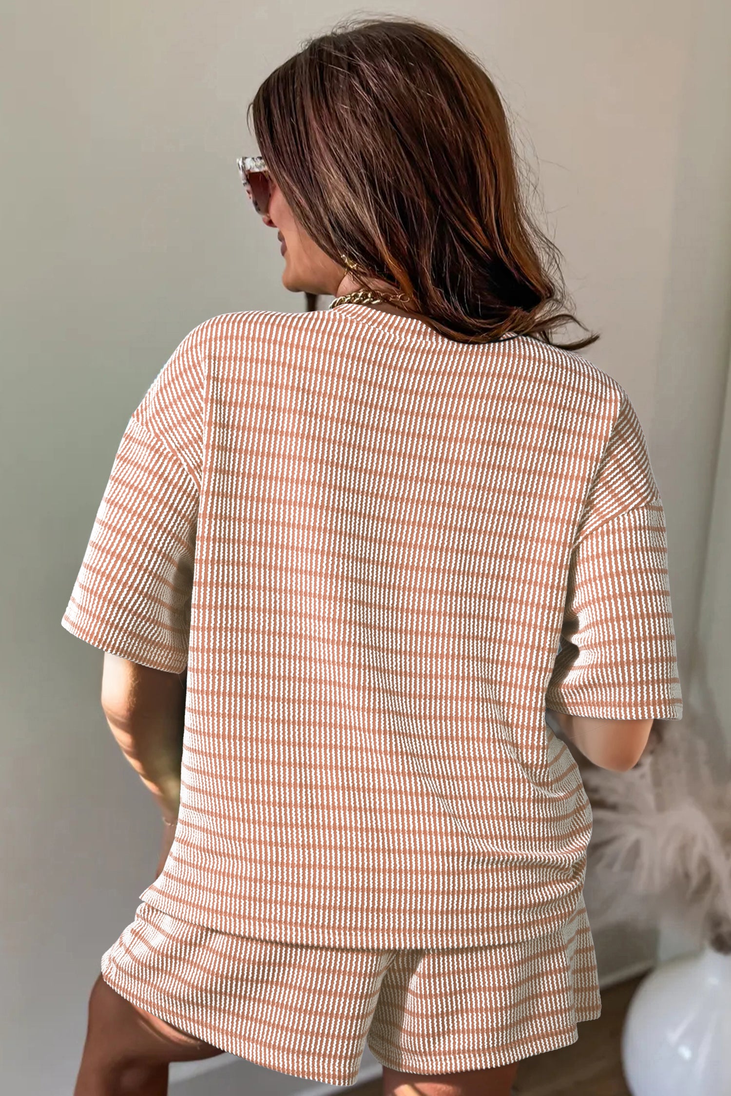 Striped Raised Rib Loose Tee Drawstring Elastic Waist 2pcs Short Set