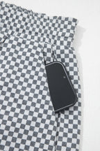 Grey Checkerboard Print Drawstring Elastic Waist Pocketed Shorts
